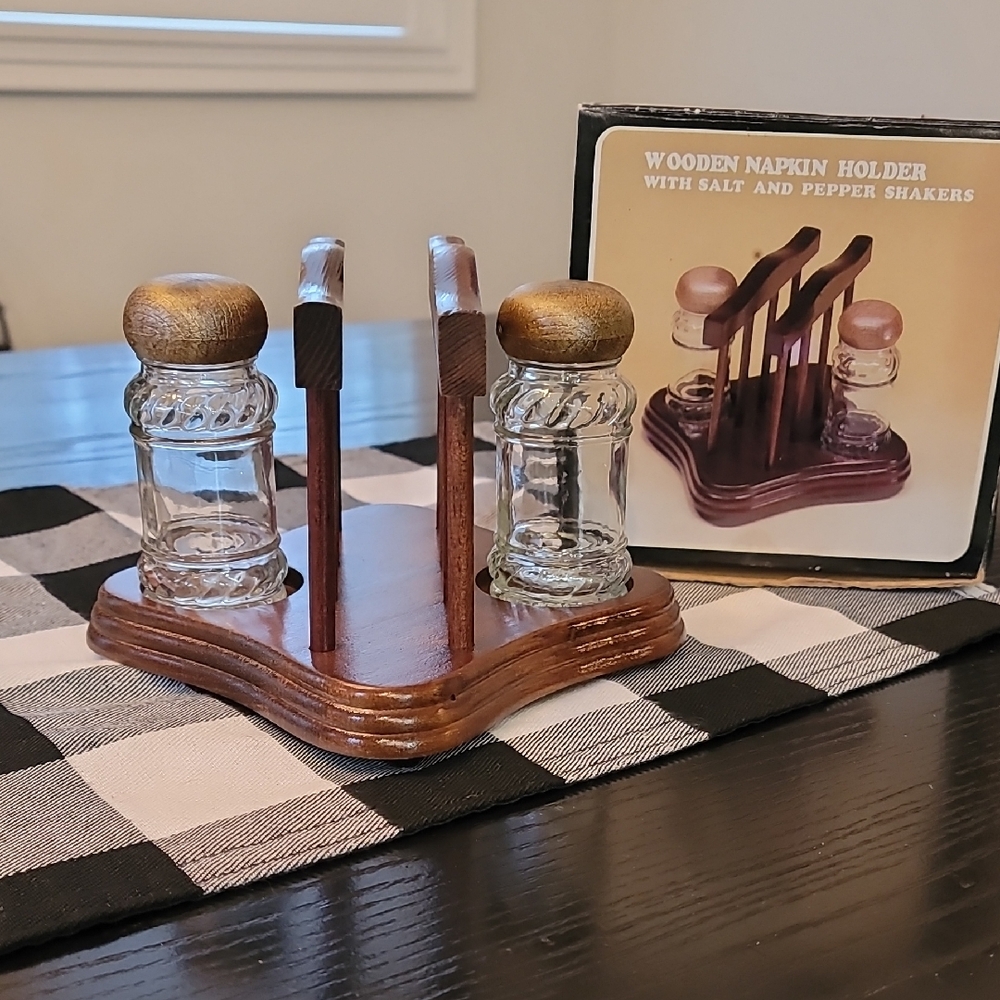 Vintage Wooden Napkin Holder with Salt and Pepper Shakers 1980's